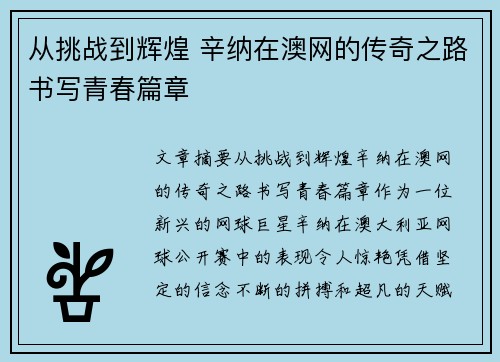 从挑战到辉煌 辛纳在澳网的传奇之路书写青春篇章